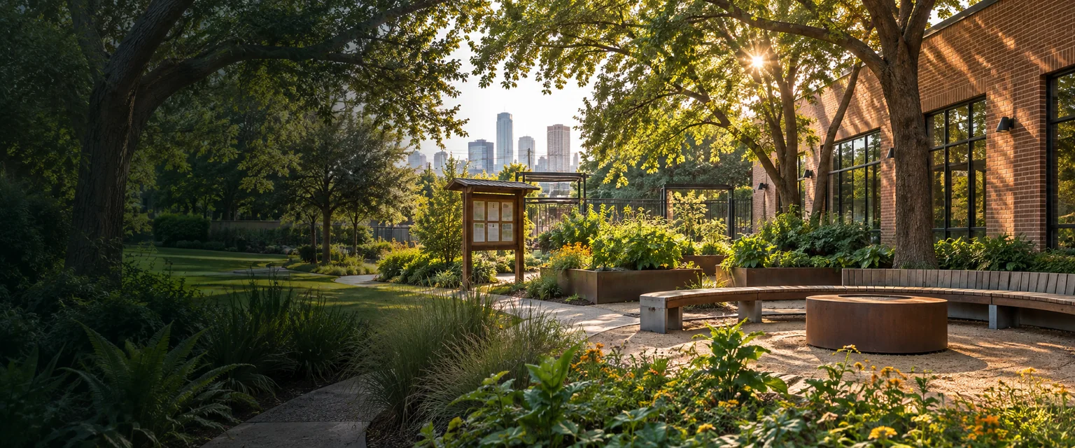 A cared-for Houston neighborhood garden and gathering space with Civic Boost signal markers
